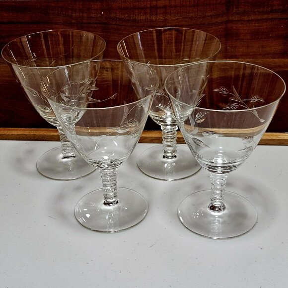 4 Etched Vines Leaves Water Glasses 5.5" ice tea stemware glass fine crystal Ele - Picture 2 of 11
